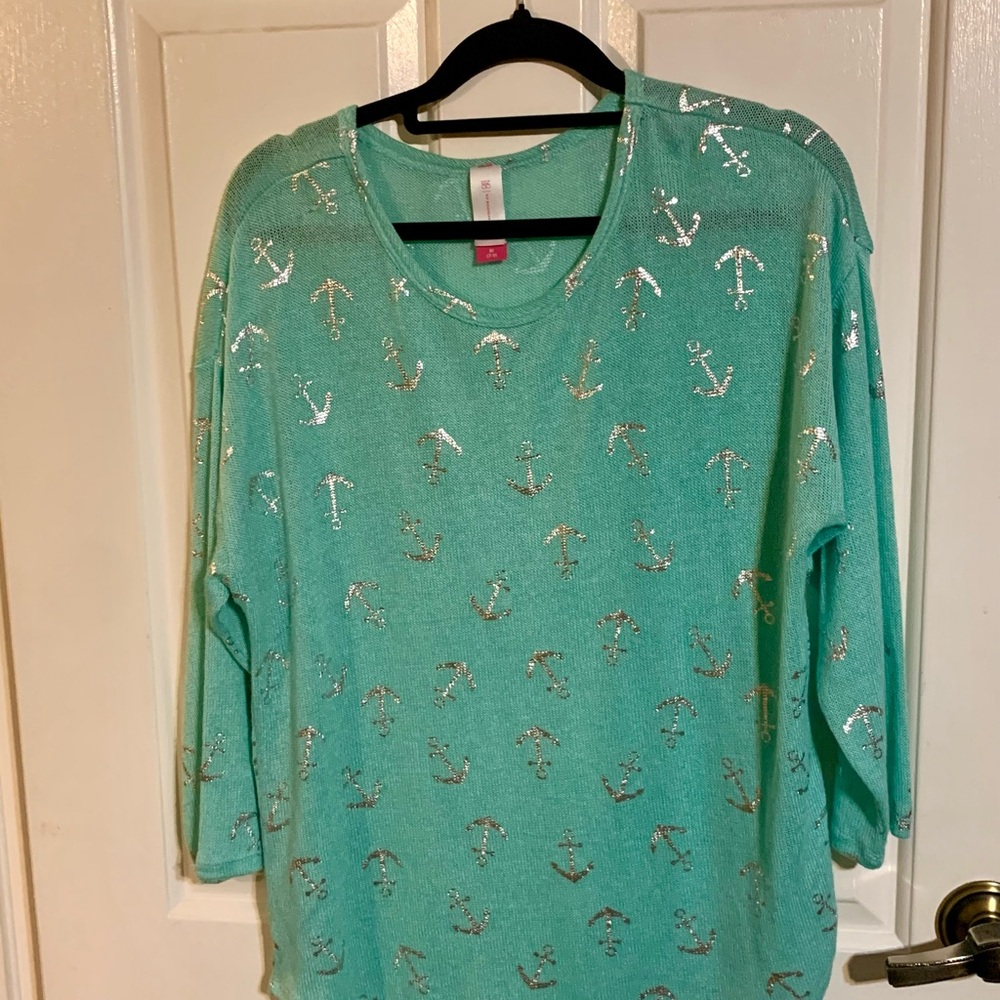 No Boundaries Mint Green Knit Top with Silver Anchor Accents